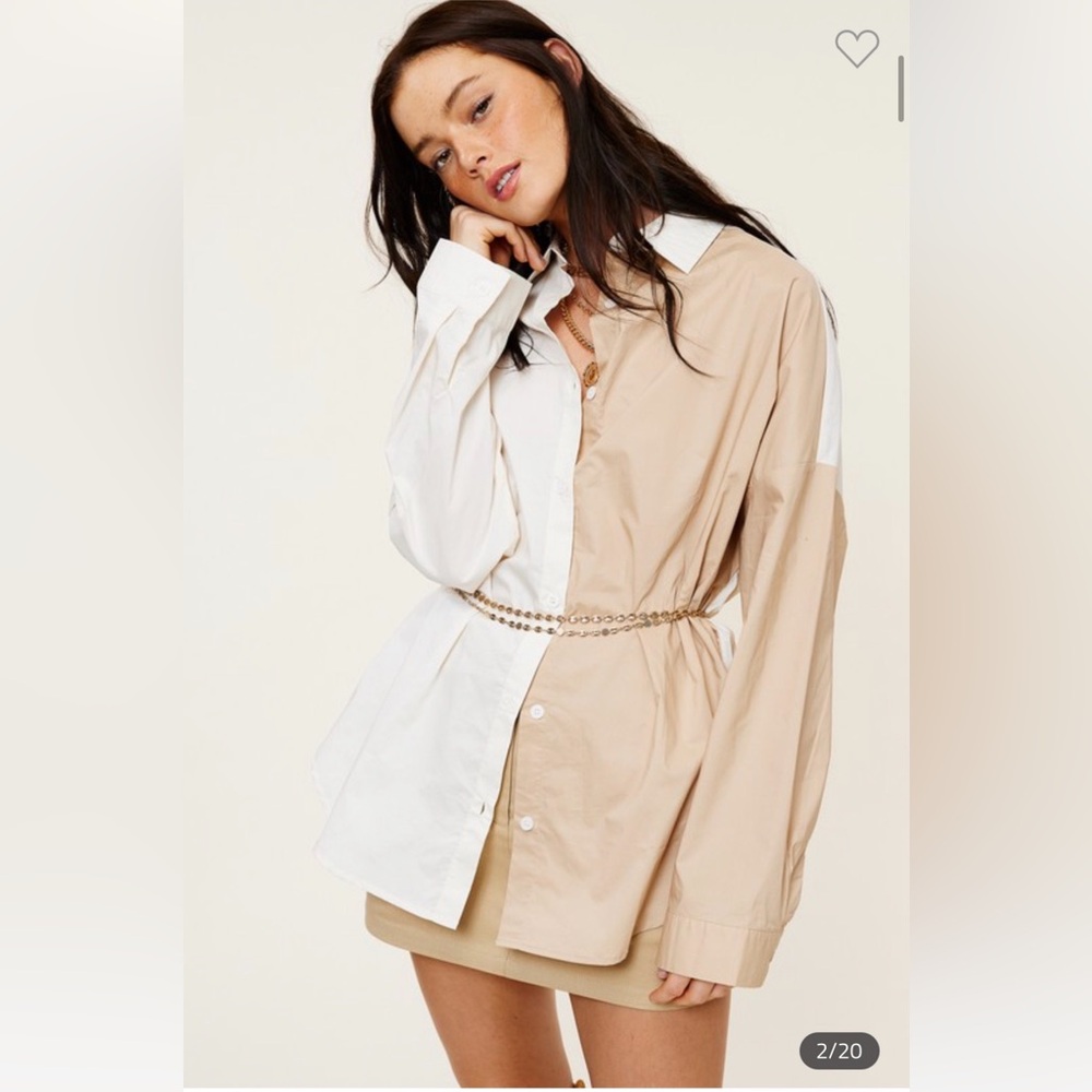 Button Up Two Tone Cotton Poplin Shirt – White & Tan NEVER WORN